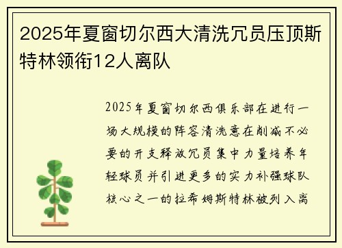 2025年夏窗切尔西大清洗冗员压顶斯特林领衔12人离队